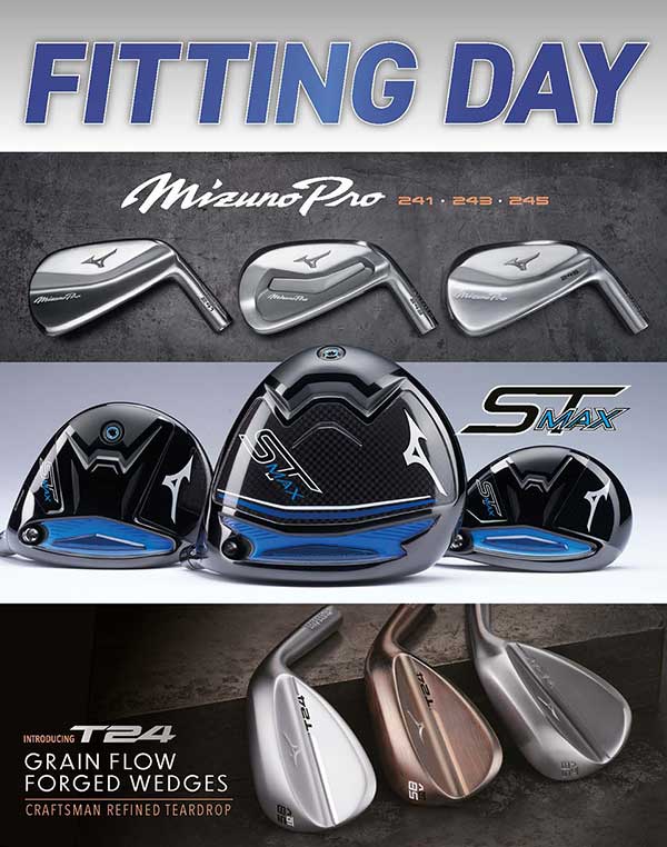 Promotional image featuring a variety of mizuno pro golf clubs, including irons and wedges, displayed against a gray background with “fitting day” text at the top. Promotional image featuring a variety of mizuno pro golf clubs, including irons and wedges, displayed against a gray background with "fitting day" text at the top.