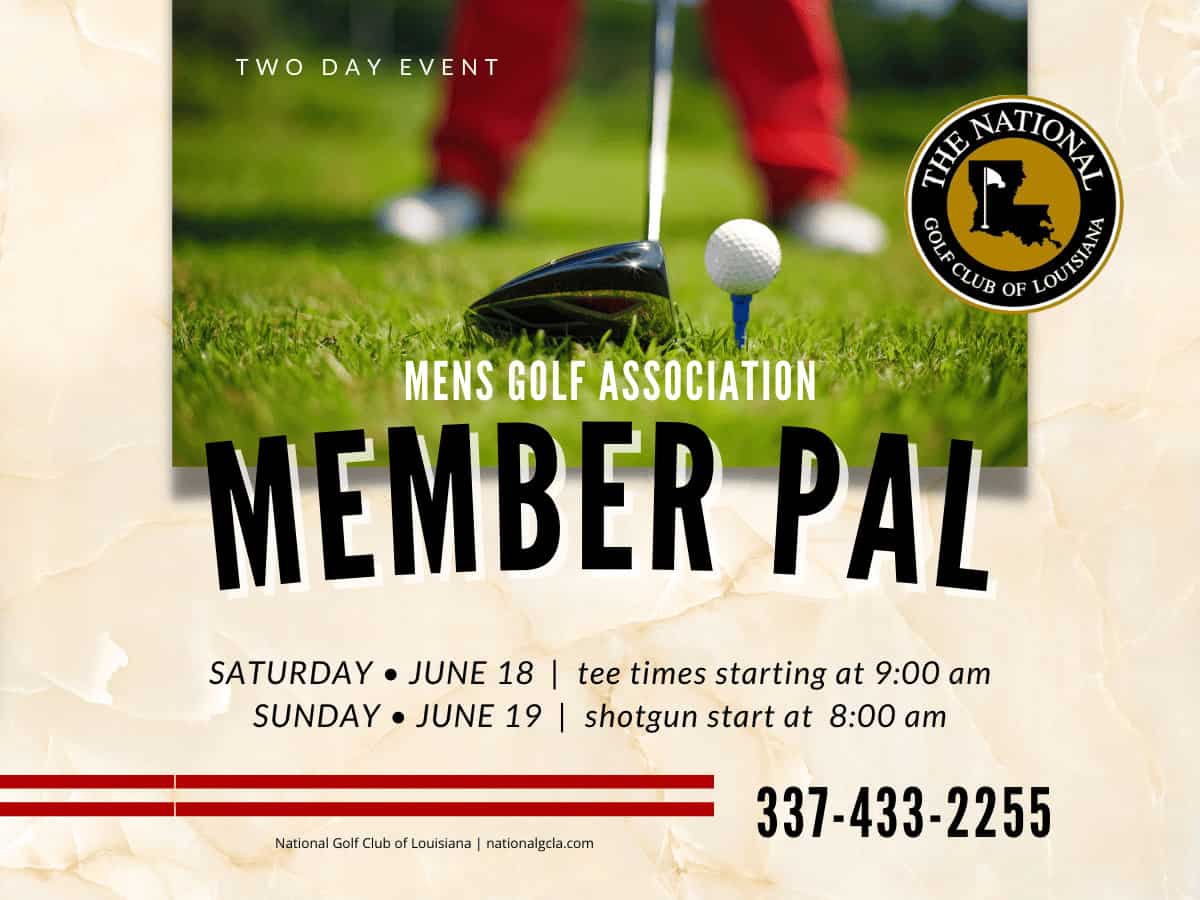MGA Member Pal – Day 1 1 a flyer for a golf tournament with a man about to hit the ball