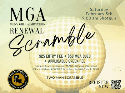 MGA Renewal Scramble 1 a poster for a golf tournament with a ball