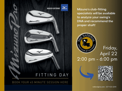 Mizuno Fitting Day 1 a flyer for a golf tournament featuring two irons