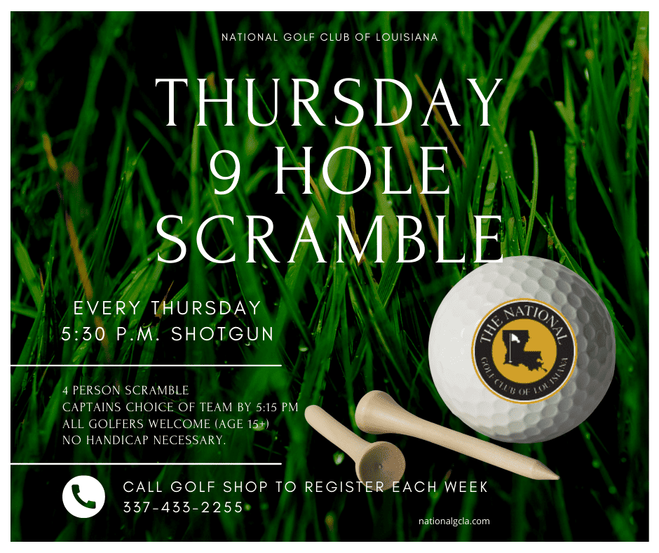 Thursday 9 Hole Scramble 1 a flyer for a golf tournament with a ball and tees