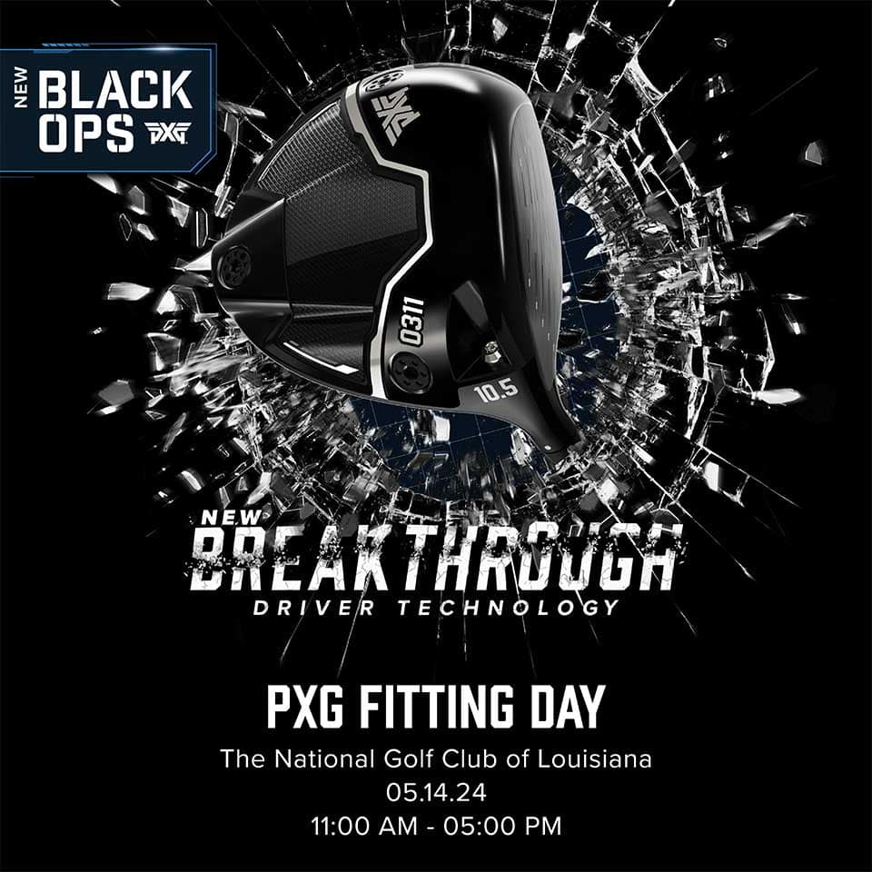 Promotional image for pxg fitting day featuring a pxg golf driver bursting through glass with event details for may 14, 2024, at the national golf club of louisiana. Promotional image for pxg fitting day featuring a pxg golf driver bursting through glass with event details for may 14, 2024, at the national golf club of louisiana.
