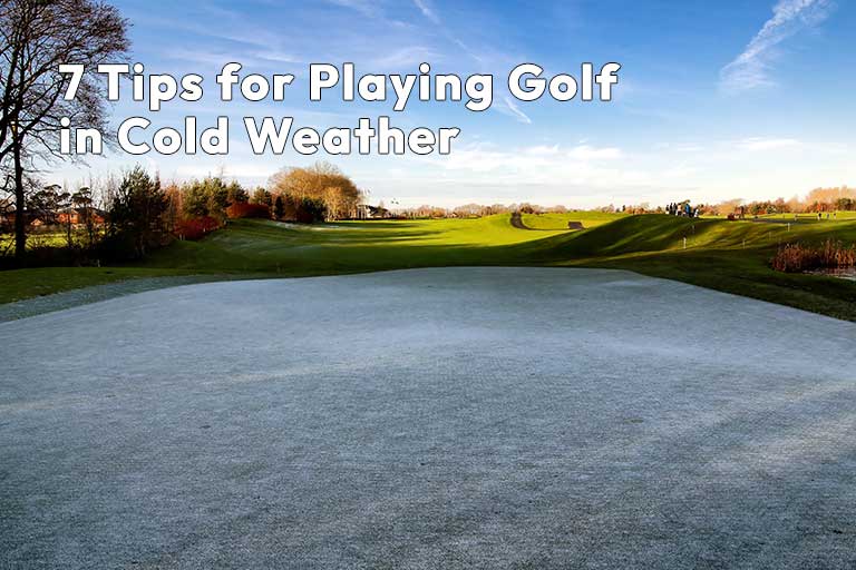 A frost-covered golf course with text overlay: "7 Tips for Playing Golf in Cold Weather.
