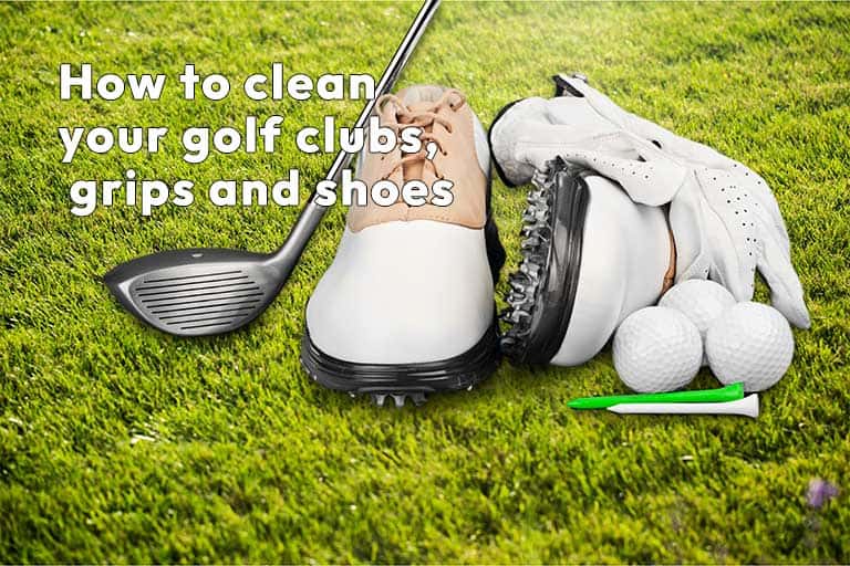 Golf equipment including clubs, balls, and shoes with cleaning instructions text, laid on grass. This is about how to clean your golf clubs, grips and shoes