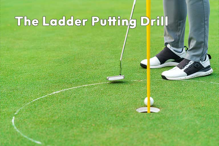 A person practices putting on a green with a golf ball aimed near a hole. The text "The Ladder Putting Drill" is displayed at the top of the image, showcasing an effective putting drill.