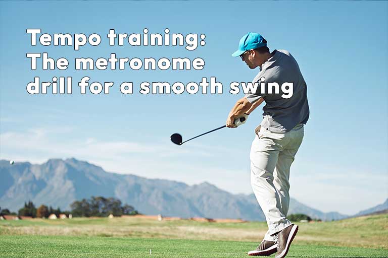 A golfer in a blue cap practices a swing on a sunny course with mountains in the background. The text reads, "Tempo training: The metronome drill for a smooth swing.