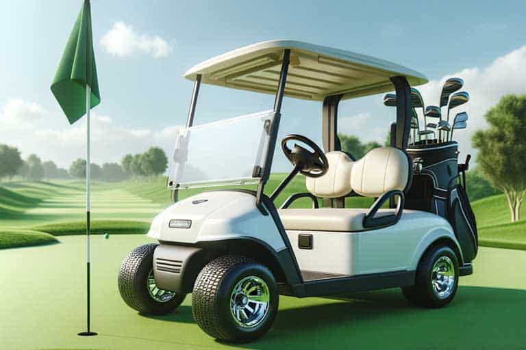 Golf Cart Etiquette: 10 Do’s and Don’ts of Riding in a Golf Cart 2 Golf cart etiquette a golf cart is parked on a course near a putting green with a golf flag in the background.